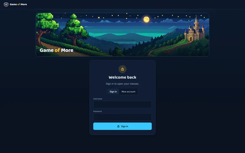 Écran d’accueil de Game of More, avec un paysage nocturne en pixel art et le formulaire de connexion.