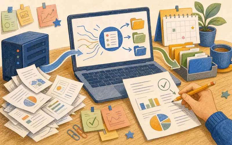 Illustration d’une personne qui valide des documents traités avec l’aide d’une IA installée sur un serveur local.